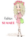 Young, beautiful, cute, romantic blonde curly girl with wreath on her head on the background with inscription fashion summer.