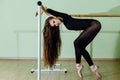 Young beautiful dancer posing in studio wit Ballet bar on tiptoe. Modern brunette. Royalty Free Stock Photo