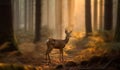 Young beautiful deer in a sunrise and misty forest. Natural woodland dawn landscape. Dark shadows and golden morning sun Royalty Free Stock Photo