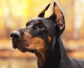 Young beautiful doberman and malinois dog walking in park in summer sunny holiday