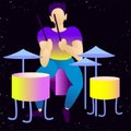 Young beautiful drummer. isolated vector illustration.rendy flat rock stars, pop, jazz, characters. Flat character cartoon