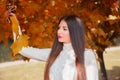 Young beautiful fashion brunette woman with red lips and long straight hair wearing a white sweater outdoor in autumn park. Royalty Free Stock Photo