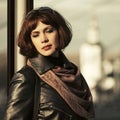 Young beautiful fashion woman in black leather coat and brown scarf Royalty Free Stock Photo