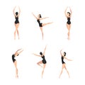 Young Beautiful Female Ballet Dancer in Black Leotard in Different Pose Vector Set Royalty Free Stock Photo