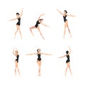 Young Beautiful Female Ballet Dancer in Black Leotard in Different Pose Vector Set Royalty Free Stock Photo