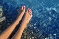 Young and beautiful female bare feet with red painted nails standing on a beach under waves. Royalty Free Stock Photo