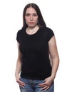 Young beautiful female with blank black shirt isolated on white Royalty Free Stock Photo