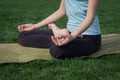 Young beautiful fit woman doeing yoga asans on the green grass with yoga mat Royalty Free Stock Photo