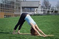 Young beautiful fit woman doeing yoga asans on the green grass with yoga mat Royalty Free Stock Photo