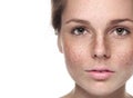 Young beautiful freckles woman face portrait with healthy skin Royalty Free Stock Photo