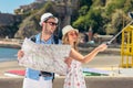 Young beautiful friends tourist couple and taking selfie stick picture together in town happy on sunny day Royalty Free Stock Photo