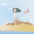 Young beautiful girl with air balloon at windy weather pastel