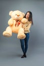 Young beautiful girl with big teddy bear soft toy happy smiling and playing on grey background Royalty Free Stock Photo