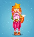 The young beautiful girl fox with cute little pink rabbit on blue background