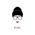Young Beautiful Girl. Glasses, Hat And With Lipstick On A White Background.