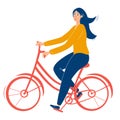 Young  beautiful girl with glasses rides a red bicycle. Girl healthy leisure rides bike side profile view. Flat vector Royalty Free Stock Photo