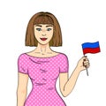 Young beautiful girl holding a flag of the Republic of Haiti. Comic book style imitation. Vintage retro Object on white