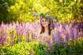 Young beautiful girl holding a large flower with purple lupine in a flowering field. Blooming lupine flowers Royalty Free Stock Photo