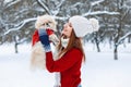 Young beautiful girl holds little puppy in his hands and playing Royalty Free Stock Photo