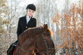 Young beautiful girl jockey riding a horse in winter forest Royalty Free Stock Photo