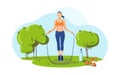 Young girl jumps on a skipping rope in park grass. Summer outdoor fitness activities. Trendy flat vector illustration.