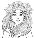 Young beautiful girl with long hair in poppy wreath. Tattoo or adult antistress coloring page. Black and white hand drawn doodle f