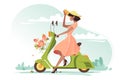 Young beautiful girl with long light dress, flowers and ladies hat on scooter.