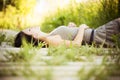 Lying on a walkway