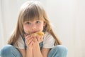 Young beautiful girl, playing with little newborn chick at home Royalty Free Stock Photo