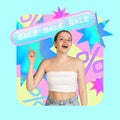 Young beautiful girl pointing at sale words meaning big shopping season. Great sales. Colorful design. Contemporary art