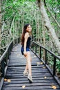 Young beautiful girl portrait on the wooden bridge in the mangrove forest Royalty Free Stock Photo