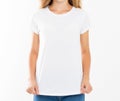 Young beautiful girl posing with blank white tshirts. Ready for your design