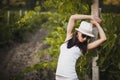 Young beautiful girl posing in fall vineyard Royalty Free Stock Photo