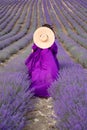 A young beautiful girl in a purple flying dress stands on a blooming lavender field. Rear view. The model has a straw Royalty Free Stock Photo