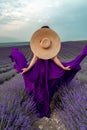 A young beautiful girl in a purple flying dress stands on a blooming lavender field. Rear view. The model has a straw Royalty Free Stock Photo