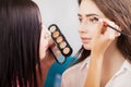 Akeup artist applies makeup to attractive brunette girl at the m