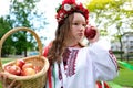 young beautiful girl in red wreath of flowers on her head red poppies in vyshyvanka red apples take an apple with hands Royalty Free Stock Photo