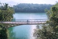 Young beautiful girl riding a bicycle on bike trail at the lake in the morning. Active people. Outdoors