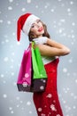 Young beautiful girl in santa hat with shopping bags Royalty Free Stock Photo