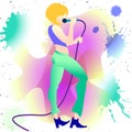 Young beautiful girl sings a song into the microphone. isolated illustration