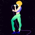 Young beautiful girl sings a song into the microphone. isolated illustration