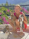 Young beautiful girl smiles, holds Street cats in her arms, in summer in nature in Cyprus, balcony against background of blue sky Royalty Free Stock Photo