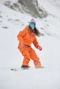 Young beautiful girl snowboarder in motion