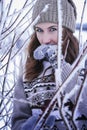 A young beautiful girl stands in a snowy forest. The girl is dressed in a warm sweater Royalty Free Stock Photo