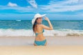 Young beautiful girl in a straw white hat back to the viewer on Royalty Free Stock Photo