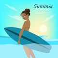 Young beautiful girl surfer with board on the summer beach Royalty Free Stock Photo