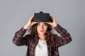 Young beautiful girl testing virtual reality glasses Royalty Free Stock Photo