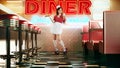 Young beautiful girl, waitress in retro style clothes holding food tray and drinking milkshake over 3D model of diner