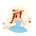 A young beautiful girl, woman on vacation holds cherries in her hands. Cute summer vector illustration decorated with Royalty Free Stock Photo