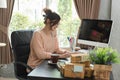 Young beautiful girl working at home, young entrepreneur concept Royalty Free Stock Photo